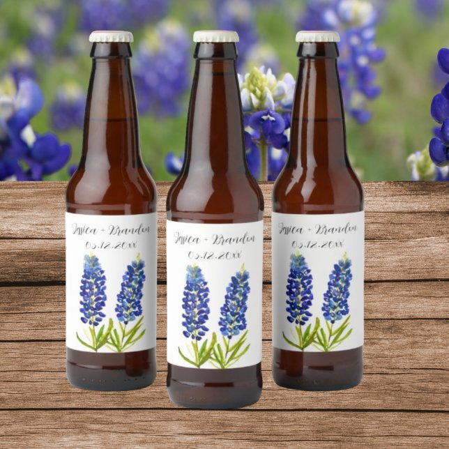 Étiquette Pour Bouteilles De Bière Bluebonnets Aquarelle Bleu Fleur Floral Mariage (Créateur téléchargé)