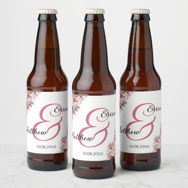 Étiquette Pour Bouteilles De Bière Boho rose Dusty Floral Mariage de script moderne (Bouteilles)