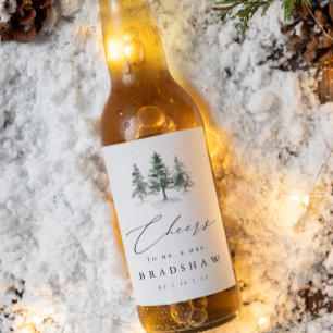 Étiquette Pour Bouteilles De Bière Bois   Mariage À feuillage persistant d'hiver