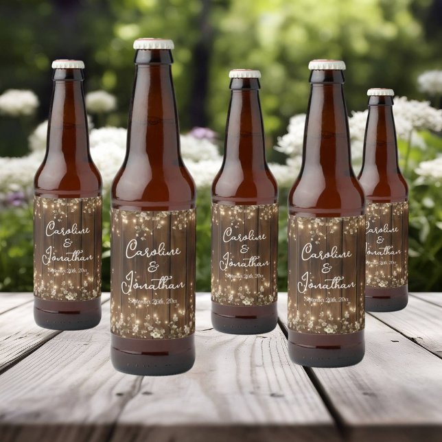 Étiquette Pour Bouteilles De Bière Bois Rustique Chaîne éclaire Blanc Floral Mariage (Créateur téléchargé)