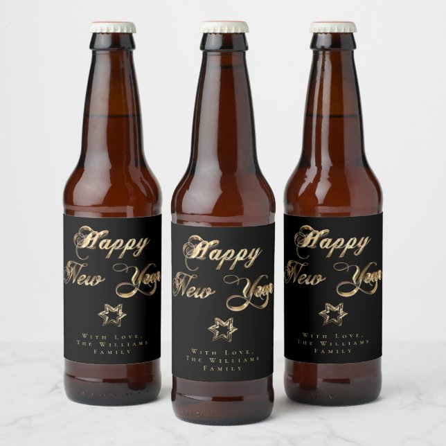 Étiquette Pour Bouteilles De Bière Bonne année Elégante Black et Gold Look Star (Bouteilles)