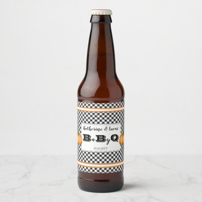 Étiquette Pour Bouteilles De Bière BW Checks Citrouille Baby Q BBQ Douche (Devant)