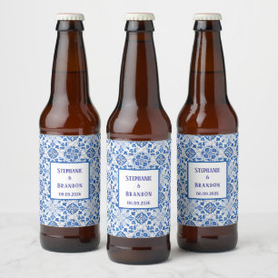 Étiquette Pour Bouteilles De Bière Carreaux portugais Mariage méditerranéen bleu