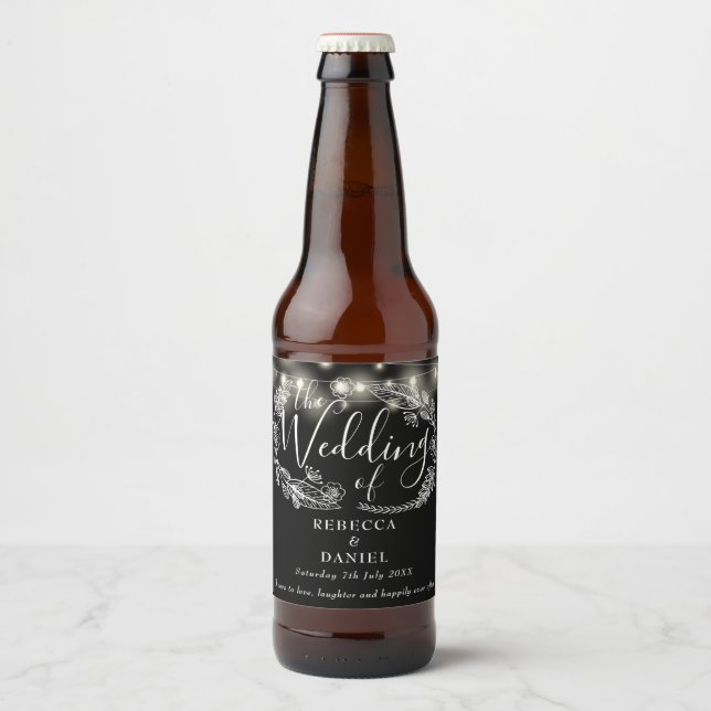 Étiquette Pour Bouteilles De Bière Chaîne Éclairant Floral Noir Et Blanc Mariage (Devant)