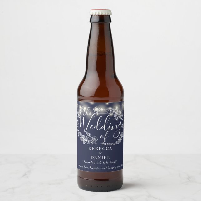 Étiquette Pour Bouteilles De Bière Chaîne éclaire Floral Marine Mariage bleu (Devant)
