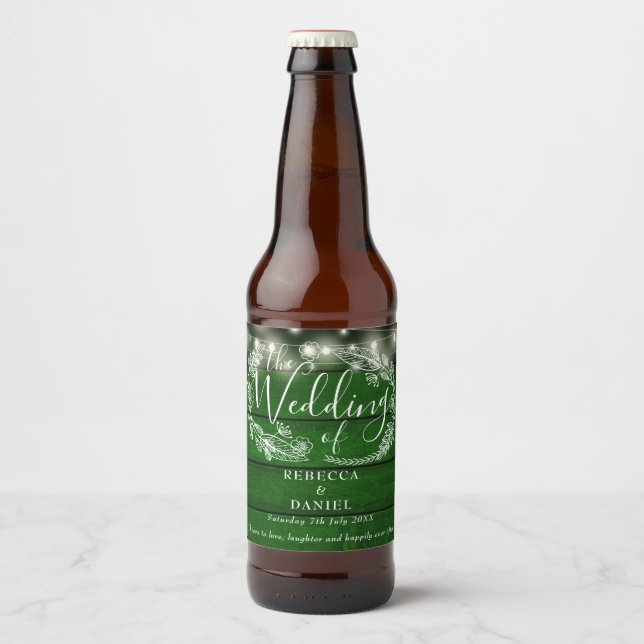 Étiquette Pour Bouteilles De Bière Chaîne éclaire Floral Rustique Mariage vert émerau (Devant)