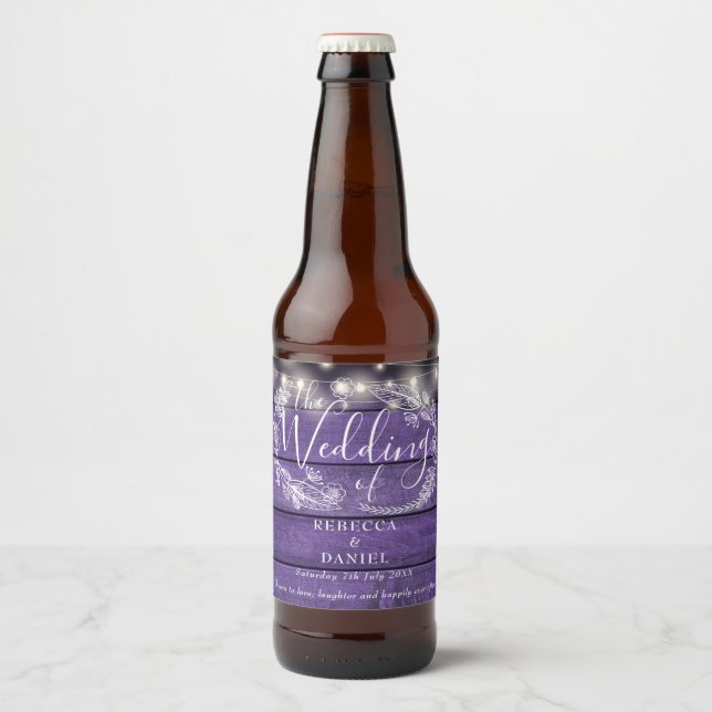 Étiquette Pour Bouteilles De Bière Chaîne éclaire Floral violet Mariage en bois rusti (Devant)