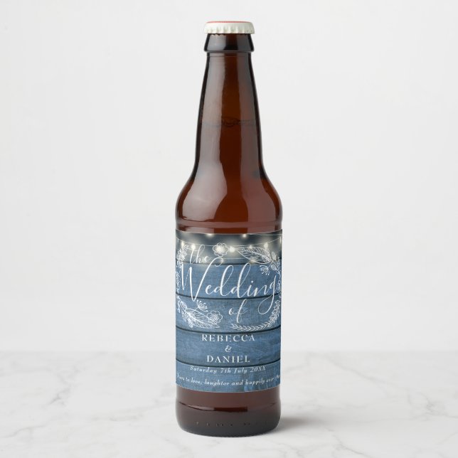 Étiquette Pour Bouteilles De Bière Chaîne Lumière Floral Bleu Rustique Mariage Bois (Devant)