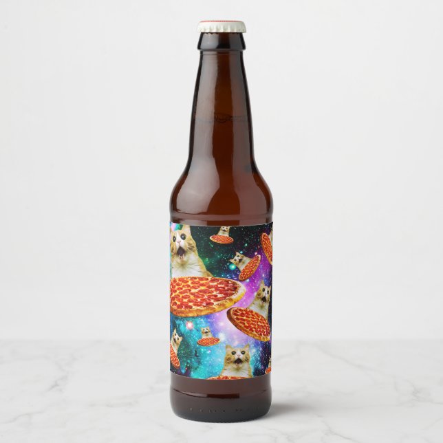 Étiquette Pour Bouteilles De Bière Chat à pizza de l'espace amusant (Devant)