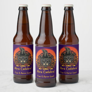 Étiquette Pour Bouteilles De Bière Chat d'Halloween en sorcière Casquette Abra Cadab