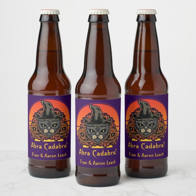 Étiquette Pour Bouteilles De Bière Chat d'Halloween en sorcière Casquette Abra Cadabr (Bouteilles)