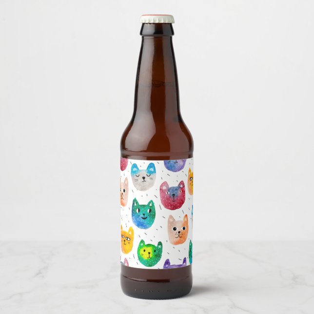 Étiquette Pour Bouteilles De Bière Chats et amis à l'aquarelle (Devant)