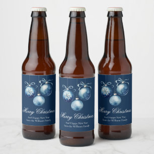 Étiquette Pour Bouteilles De Bière Chic Bleu Joyeux ornements de Noël Customisés