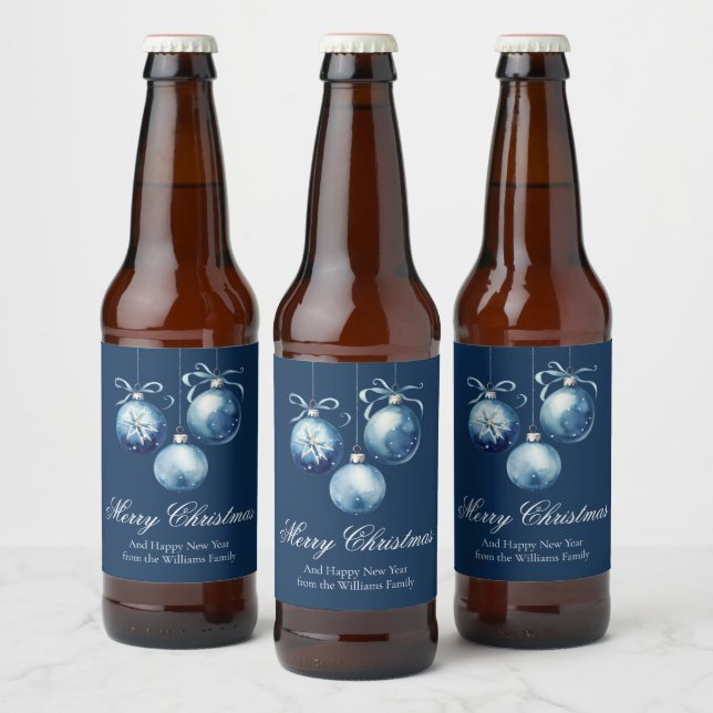 Étiquette Pour Bouteilles De Bière Chic Bleu Joyeux ornements de Noël Customisés (Bouteilles)