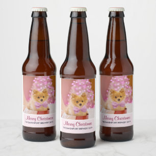 Étiquette Pour Bouteilles De Bière Chien mignon avec cou rose Photographie de Noël
