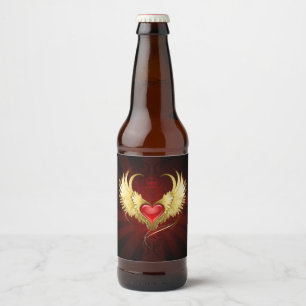 Étiquette Pour Bouteilles De Bière Coeur rouge avec ailes d'or