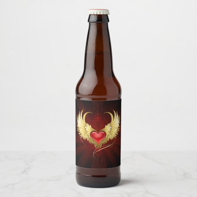 Étiquette Pour Bouteilles De Bière Coeur rouge avec ailes d'or (Devant)