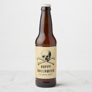 Étiquette Pour Bouteilles De Bière Crâne de pirate vintage et os Joyeux Halloween