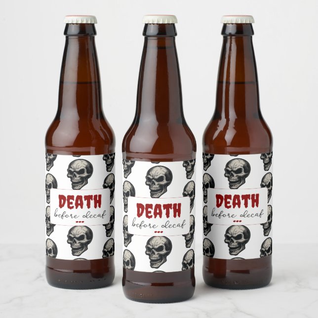 Étiquette Pour Bouteilles De Bière Crâne gothique "Mort avant décaf" | Éffrayant Funn (Bouteilles)