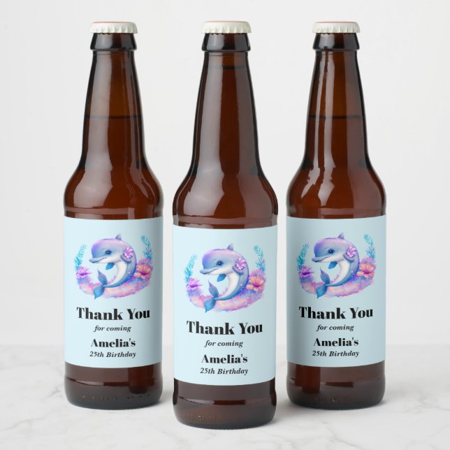 Étiquette Pour Bouteilles De Bière Créature Mer Dauphin Cute Anniversaire Merci (Bouteilles)