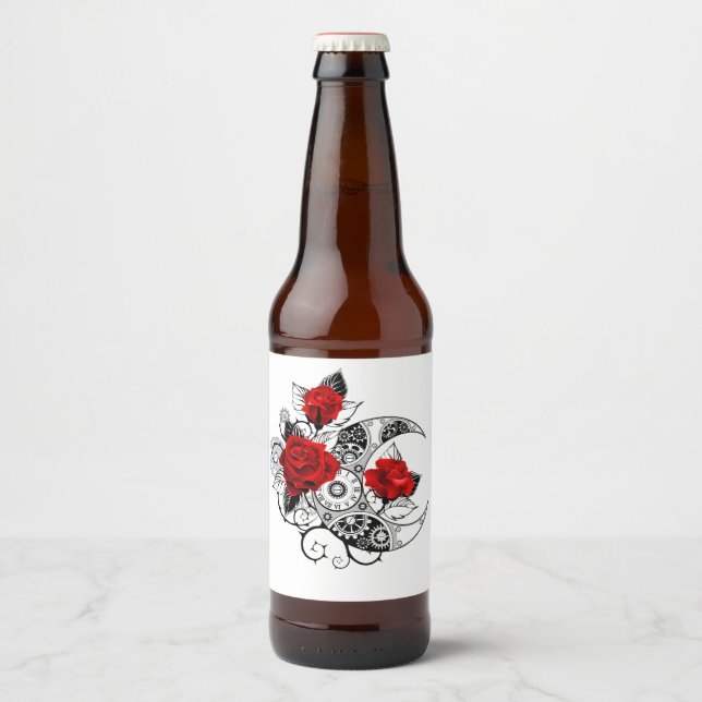 Étiquette Pour Bouteilles De Bière Croissant mécanique avec roses rouges (Devant)
