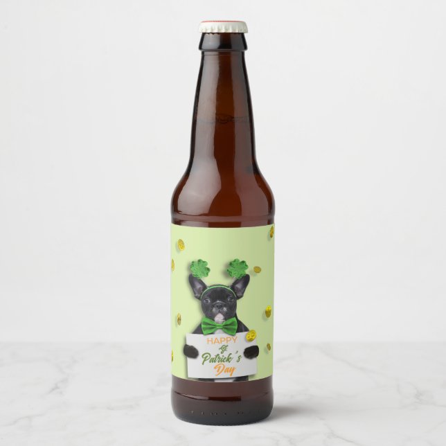 Étiquette Pour Bouteilles De Bière Cute French Bulldog Happy St. Patrick’s Day Clover (Devant)