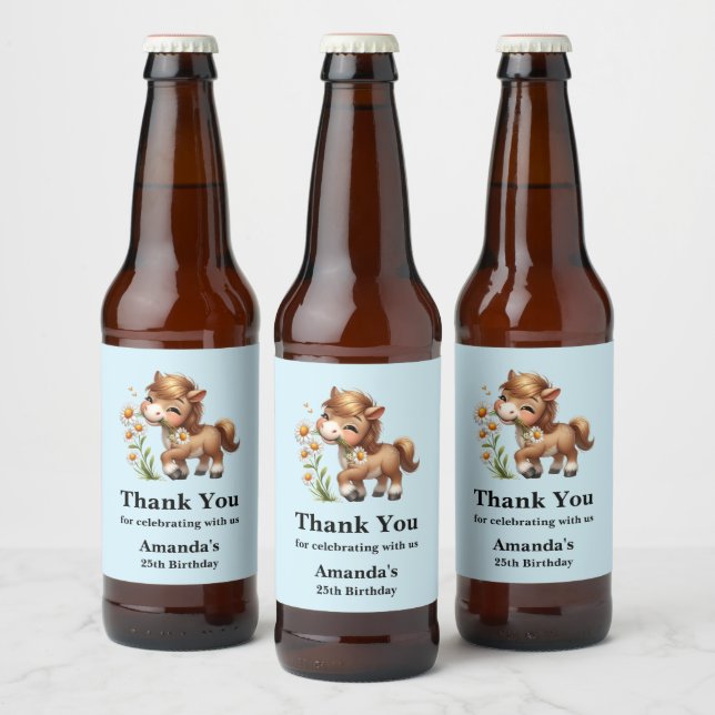 Étiquette Pour Bouteilles De Bière Cute Pony Mange Daisées Anniversaire (Bouteilles)