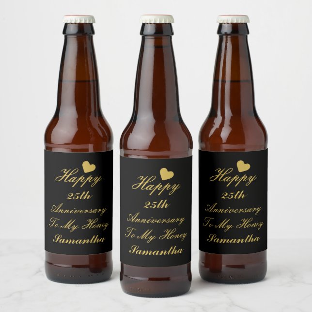 Étiquette Pour Bouteilles De Bière Elegant Black Gold Script 25th Happy Anniversary   (Bouteilles)