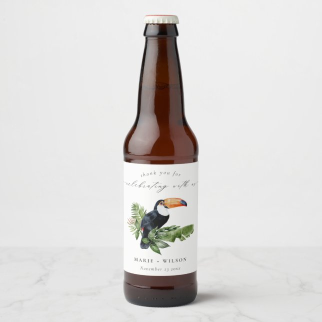 Étiquette Pour Bouteilles De Bière Élégant Chic Tropical Rainforest Mariage Toucan (Devant)