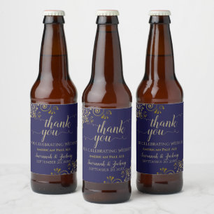 Étiquette Pour Bouteilles De Bière Elegant Lacy Gold sur le Mariage Merci bleu marine