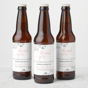 Étiquette Pour Bouteilles De Bière Élégant Lacy Grey, rose et blanc Merci Mariage