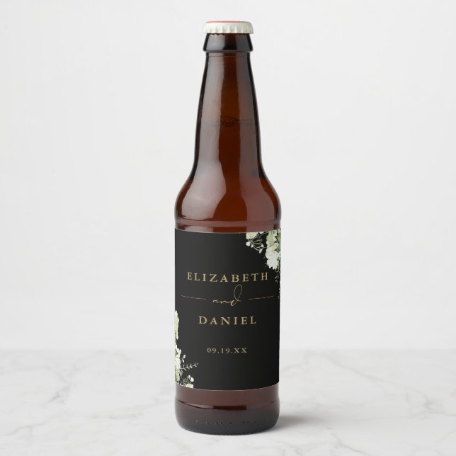 Étiquette Pour Bouteilles De Bière Élégant Mariage Floral Noir Et Or (Devant)