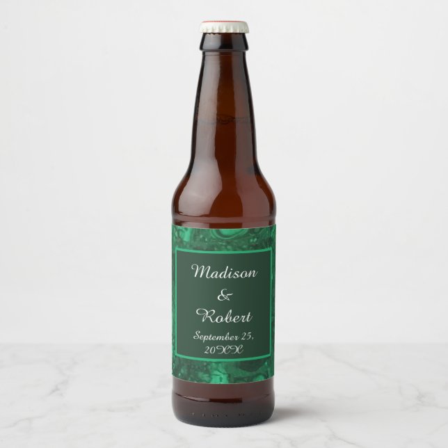 Étiquette Pour Bouteilles De Bière Elégant Mariage Vert Marbre Gemstone (Devant)