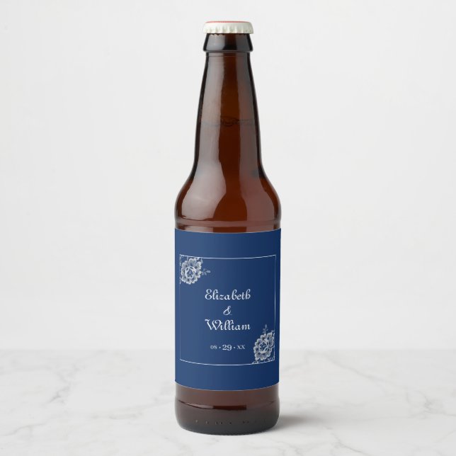 Étiquette Pour Bouteilles De Bière Elégante dentelle florale sur Mariage bleu marine (Devant)