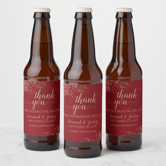 Étiquette Pour Bouteilles De Bière Elégante dentelle or sur Merci Mariage rouge (Bouteilles)