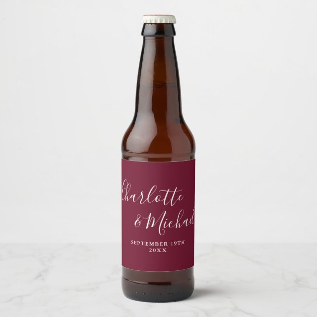 Étiquette Pour Bouteilles De Bière Élégante signature script mariage bordeaux (Devant)