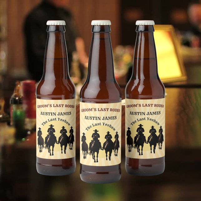 Étiquette Pour Bouteilles De Bière Enterrement de vie de garçon Cowboy Sunset dernièr (Groom’s Last Rodeo Cowboy Sunset Bachelor Party Beer Bottle Label)