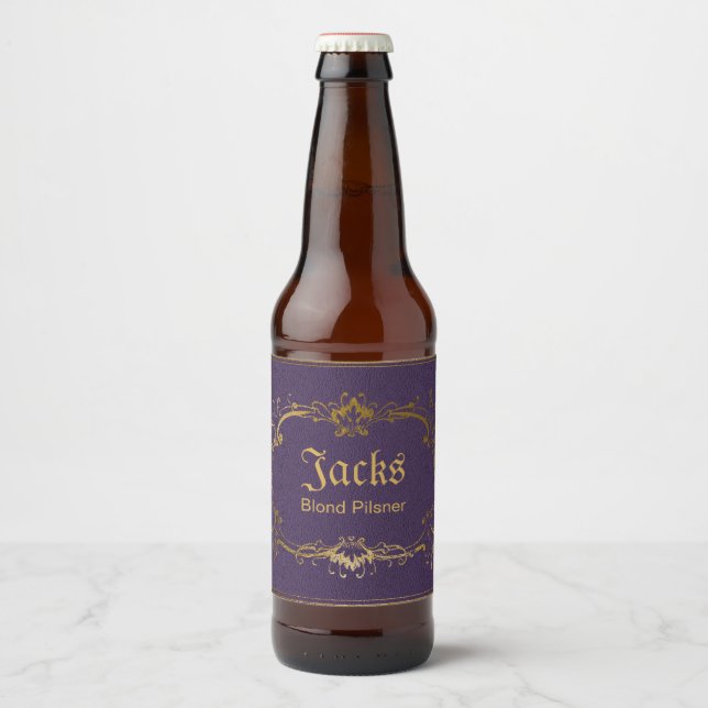 Étiquette Pour Bouteilles De Bière Étiquette de bières personnalisé violet et or (Devant)