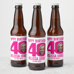 Étiquette Pour Bouteilles De Bière étiquette de nom photo personnalisé rose 40e ann