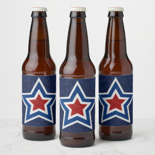 Étiquette Pour Bouteilles De Bière Étoile rouge, blanche, bleue scintillante du 4 jui