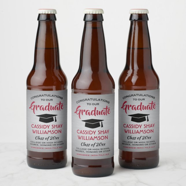 Étiquette Pour Bouteilles De Bière Félicitations à la Graduation Brossé gris rouge et (Bouteilles)