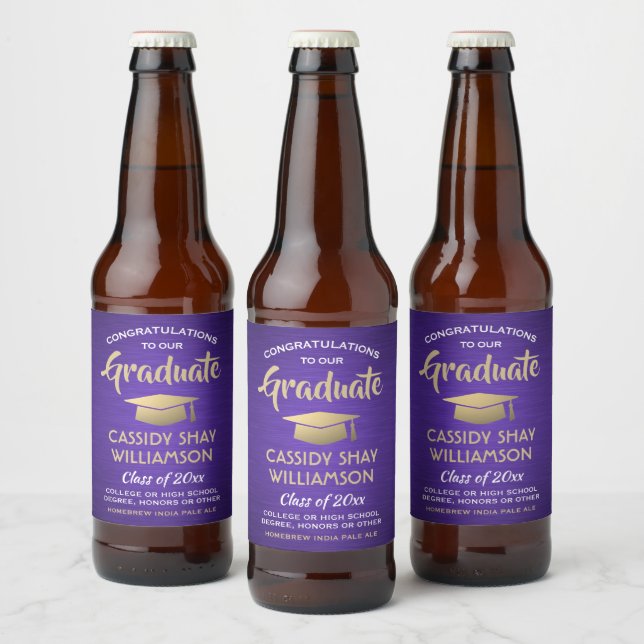 Étiquette Pour Bouteilles De Bière Félicitations de Graduation Brossé Purple Or et Bl (Bouteilles)
