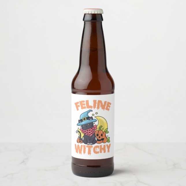 Étiquette Pour Bouteilles De Bière Feline Witchy Funny Éffrayant Halloween Chat Kitte (Devant)