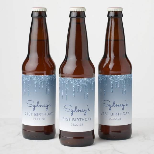 Étiquette Pour Bouteilles De Bière Fête d'anniversaire 21 ans Fun Blue Glitter Drip (Bouteilles)