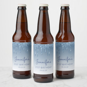 Étiquette Pour Bouteilles De Bière Fête d'anniversaire de 21 ans Fun Blue Glitter Dri