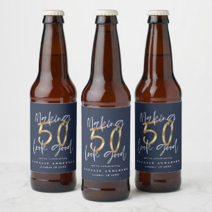 Étiquette Pour Bouteilles De Bière Fête d'anniversaire de 50 ans en or bleu