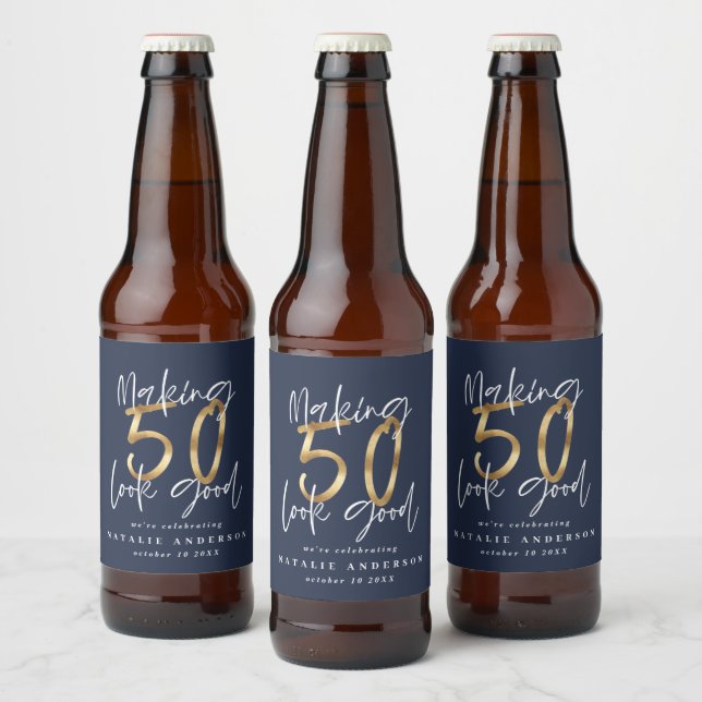 Étiquette Pour Bouteilles De Bière Fête d'anniversaire de 50 ans en or bleu (Bouteilles)