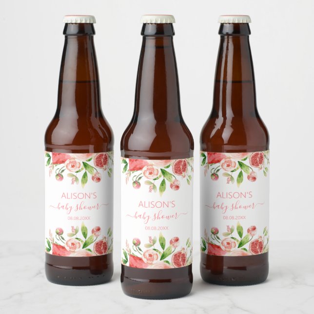 Étiquette Pour Bouteilles De Bière Fête de Bébé Fille Floral de Rose Rose Clair (Bouteilles)