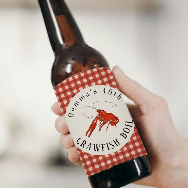 Étiquette Pour Bouteilles De Bière Fête de fruits de mer ébullition d'écrevisses à ca (Red Gingham Crawfish Boil Seafood Party Beer Bottle Label)