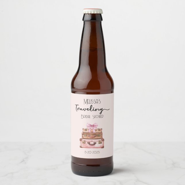Étiquette Pour Bouteilles De Bière Fête de Mariage Voyage Élégant Rose Poudré (Devant)
